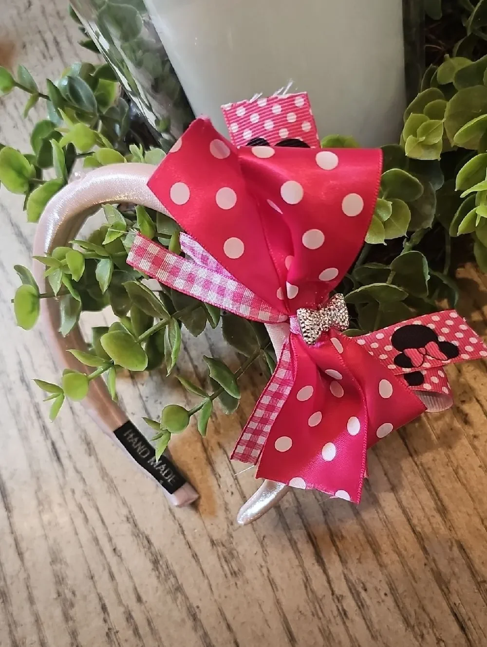 Pink Polka Dot Bow Headband with Rhinestone Accent Girls